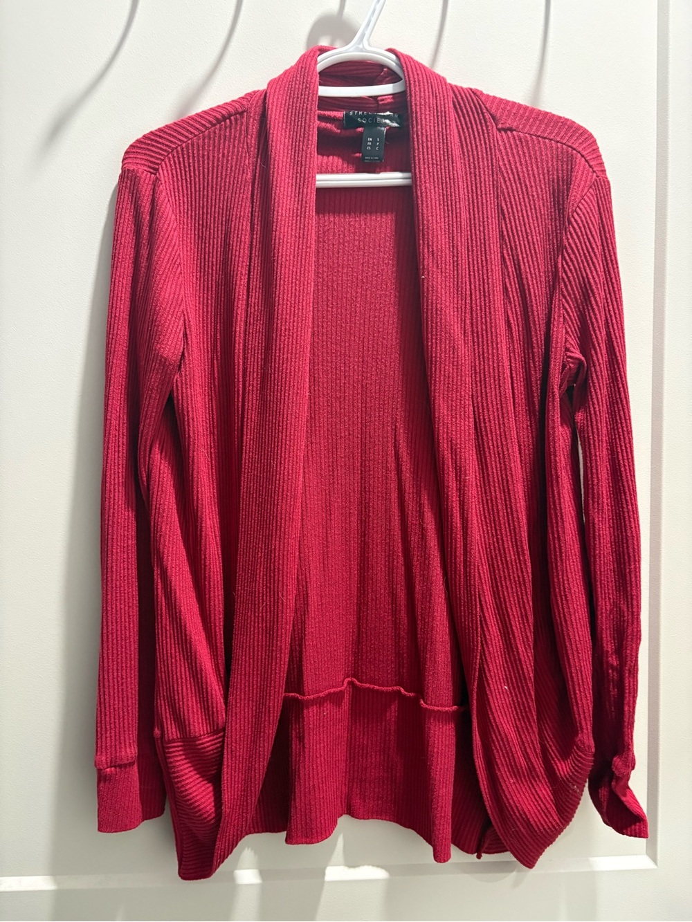 Society Red Ribbed Open-Front Cardigan